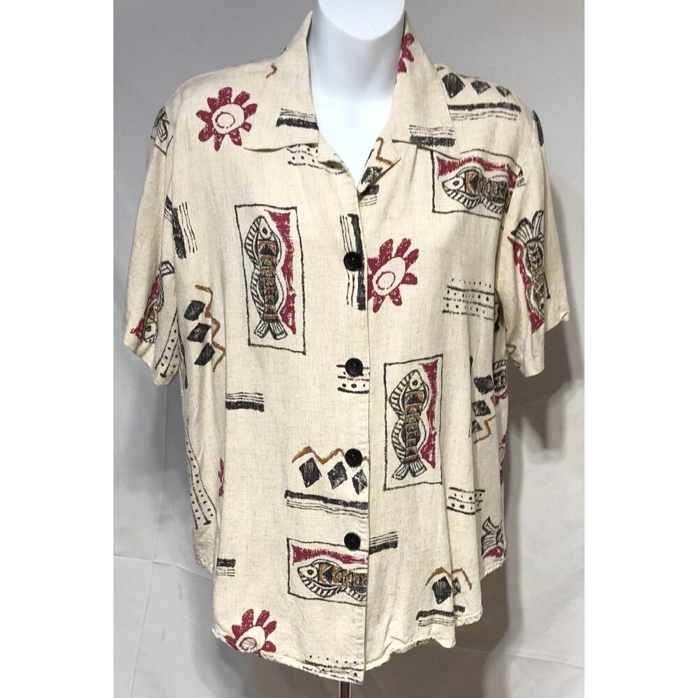 Dress Barn Top 14/16 Beige Red Geo Tribal shortSleeve Boho Artsy Abstract
